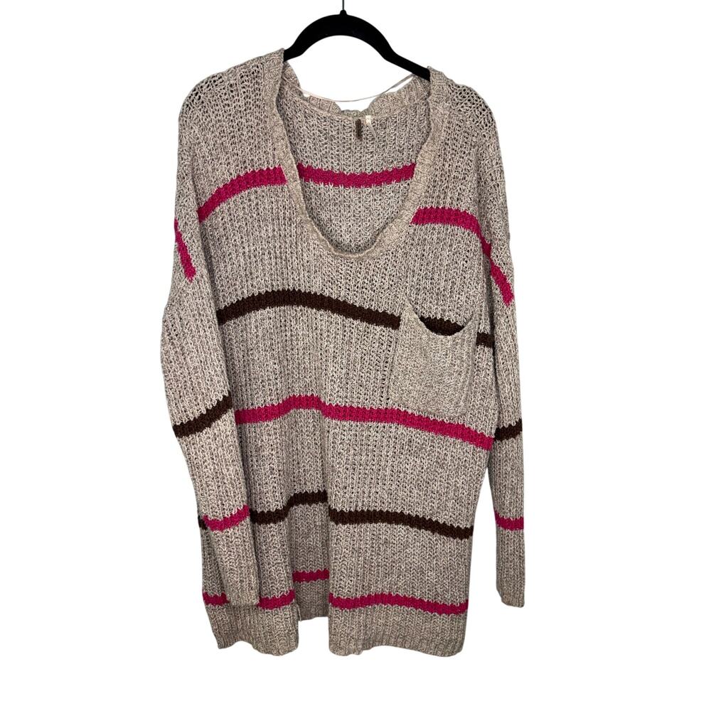 Free People Oversized Loose Knit V-Neck Sweater Size Large Striped Pink Brown